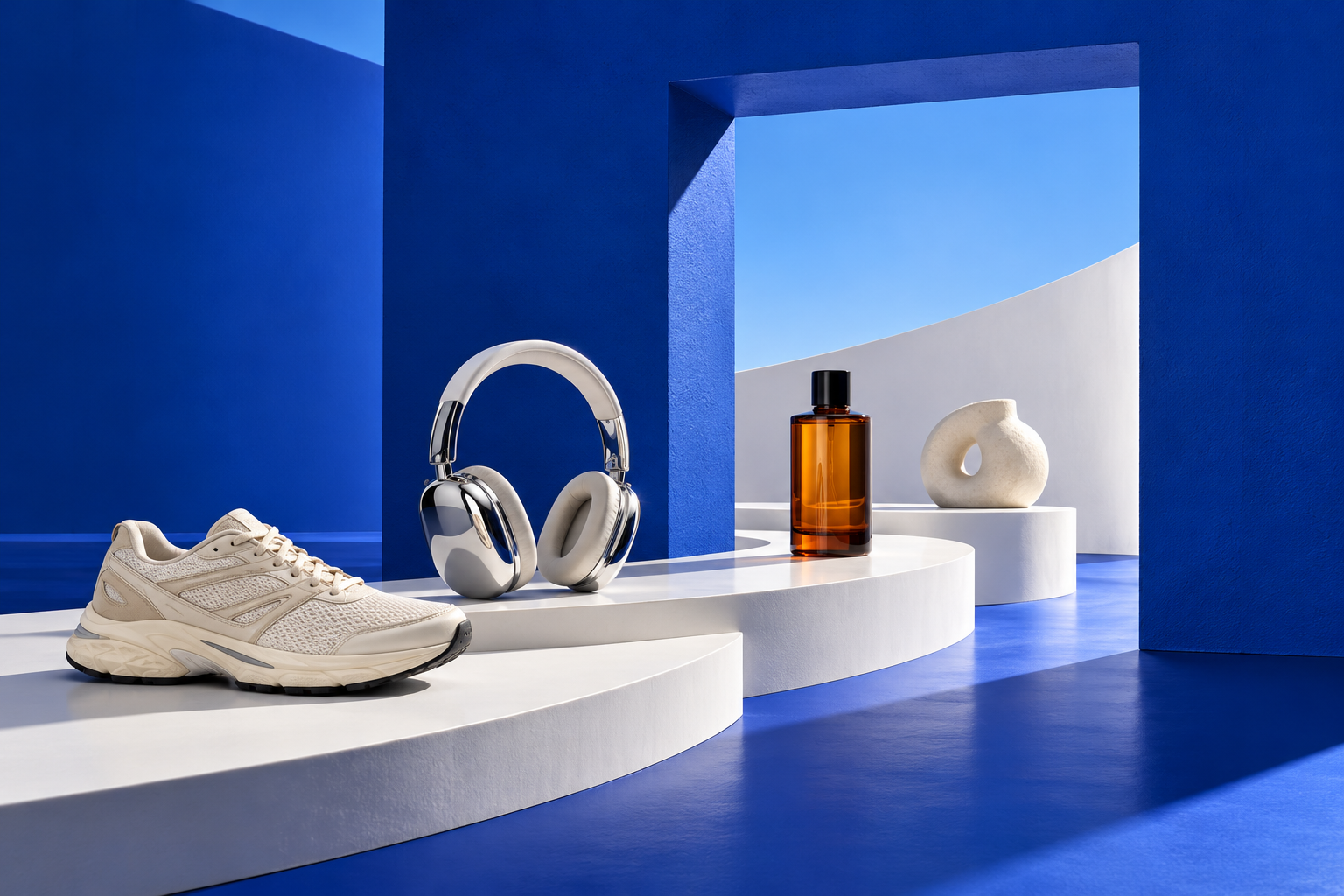 An open blue architectural portal framing premium retail products